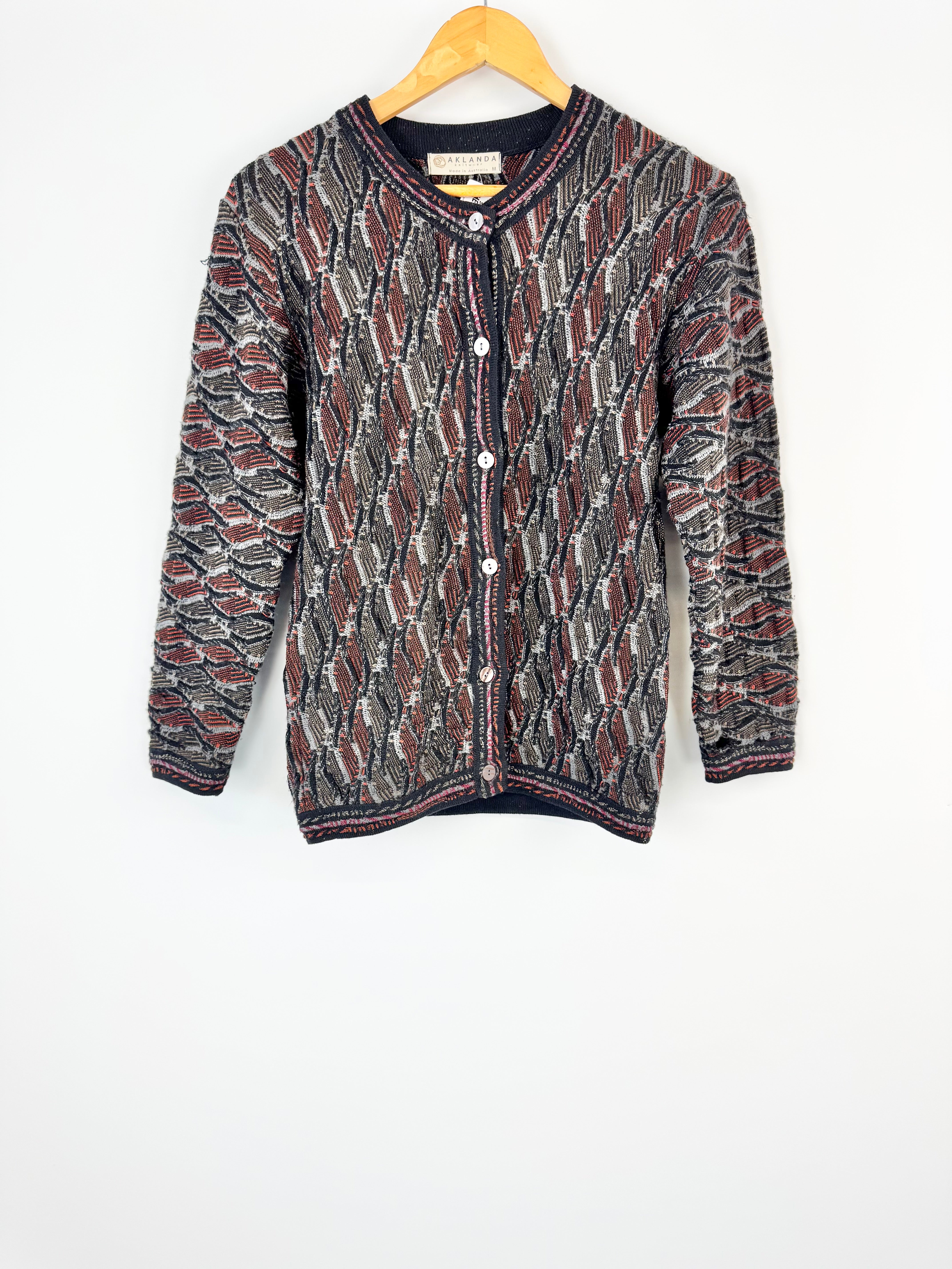 Aklanda Vintage Black & Red 3D Knit Cardigan - M