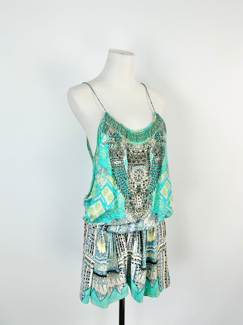 Camilla Aqua Geometric Silk Playsuit - AU10
