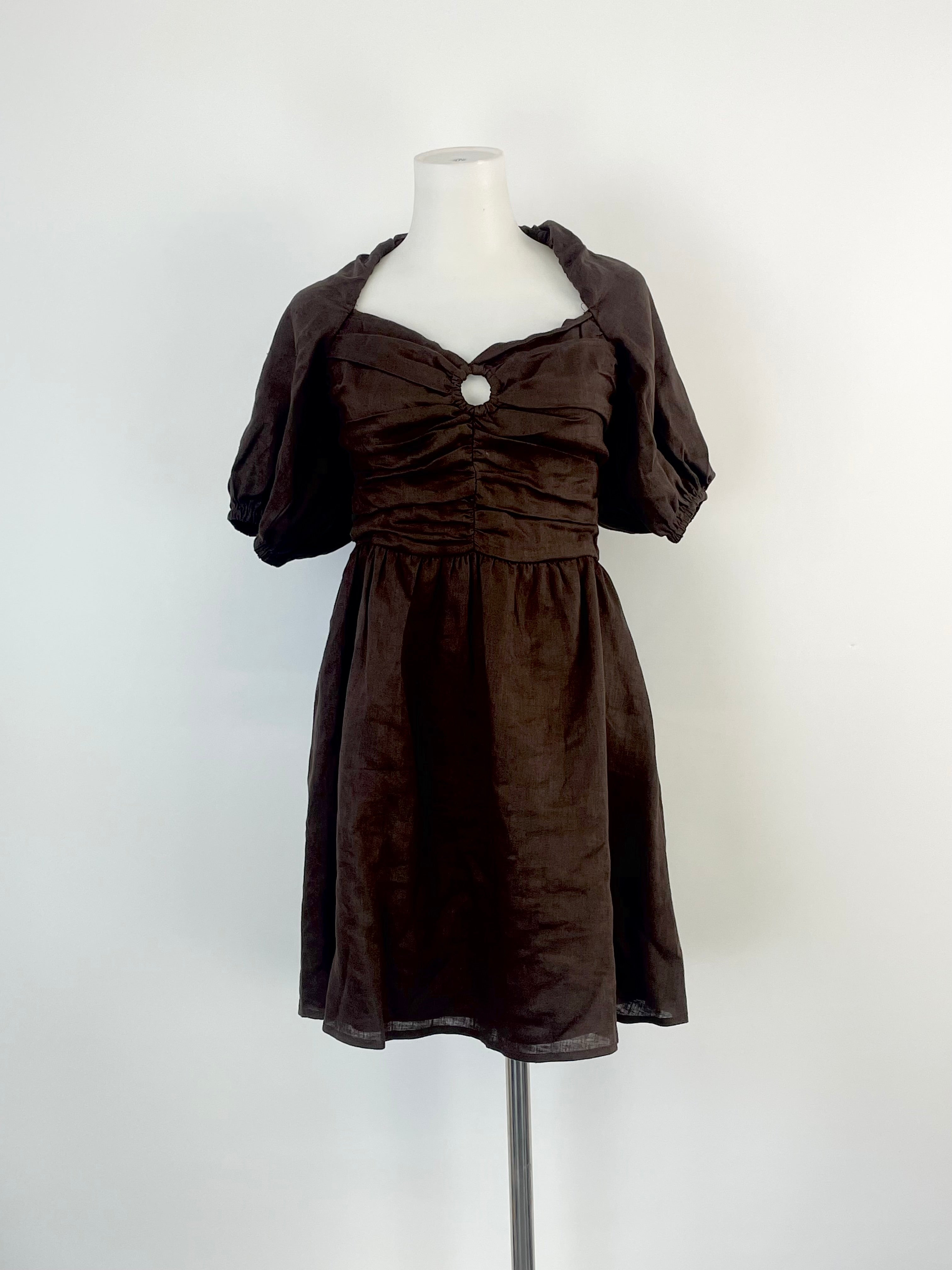Dissh Dark Chocolate Brown 'Sweeney' Linen Puff-Shoulder Mini Dress - AU8