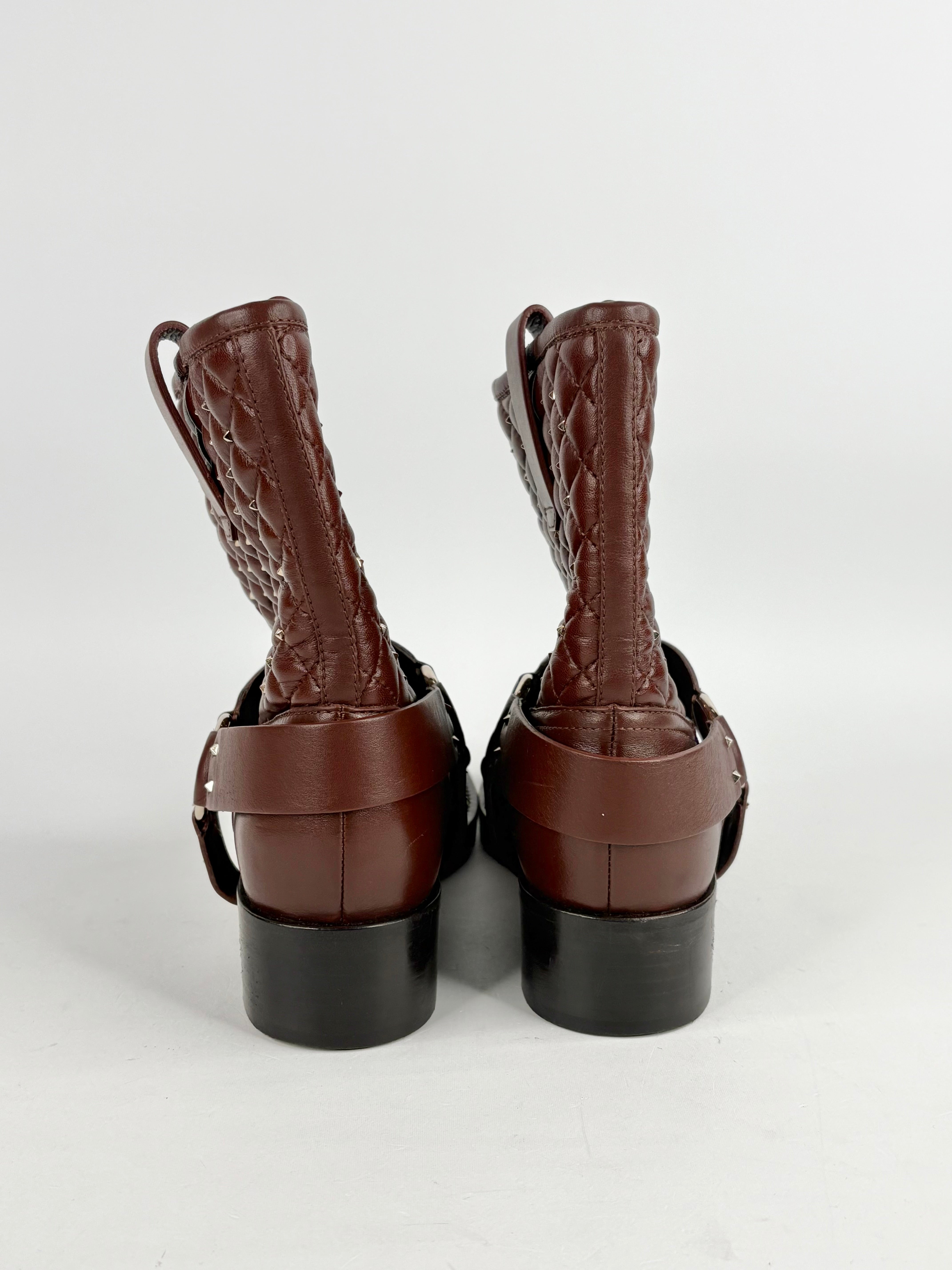 Valentino Garavani Brown Leather Quilted-Rockstud Biker Boots - EU35