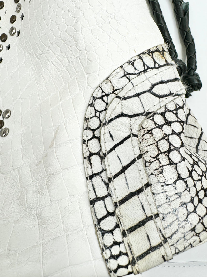 Sabbatha White Croc Embossed Studded Shoulder Bag