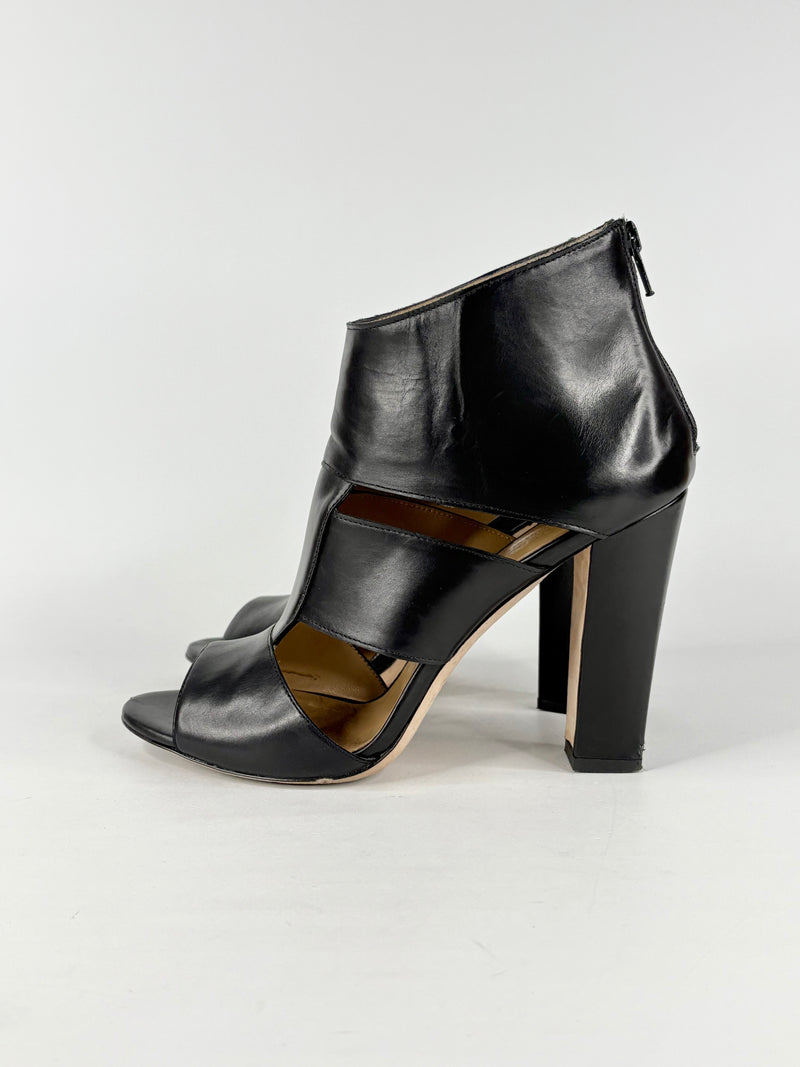 Bianca Buccheri Smooth Black Leather Open-Toe Ankle Boots - EU40