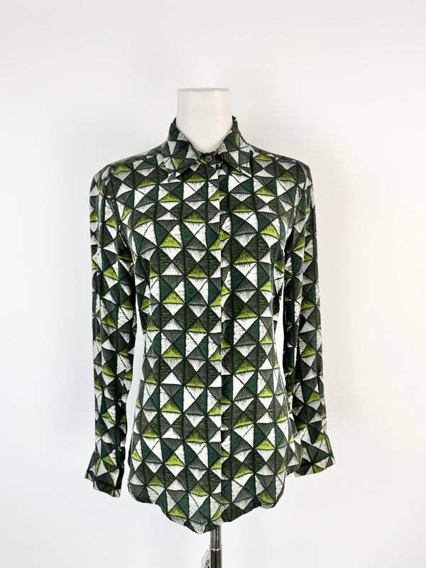 Samantha Sung Green Grid Patterned Fitted Silk Blouse - AU8