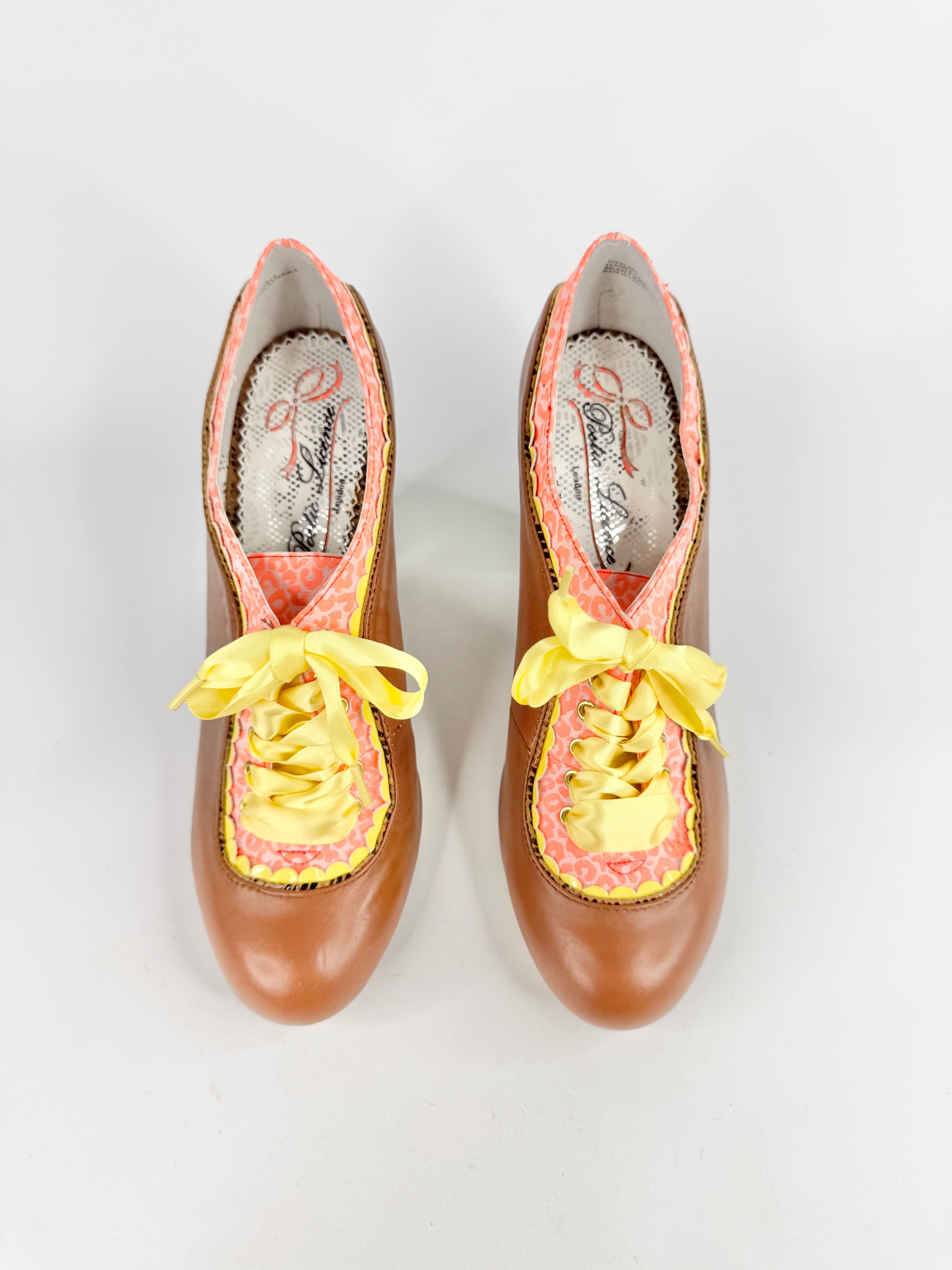 Poetic Licence Tan, Yellow & Pink Ribbon Lace Heels - EU40.5