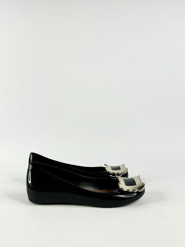 Vivienne Westwood x Melissa Black Silver Buckle Peep Toe Ballet Flats - EU38