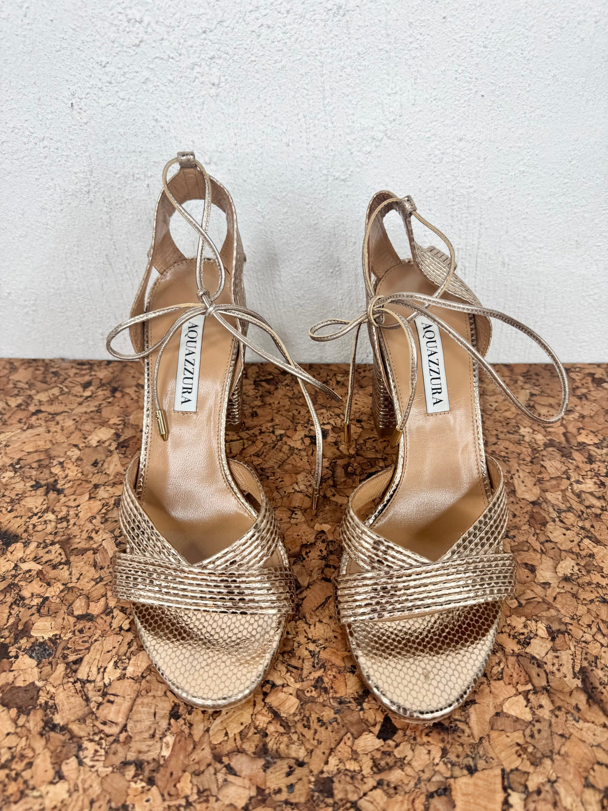 Aquazzura Rose Gold 'Ari' Metallic Leather Snakeskin Embossed Wrap Heels - EU37.5