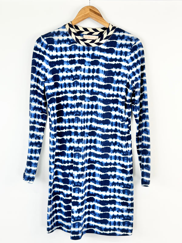 Tory Burch Blue & White 'Hollie' Long Sleeve Shift Dress - AU10/12