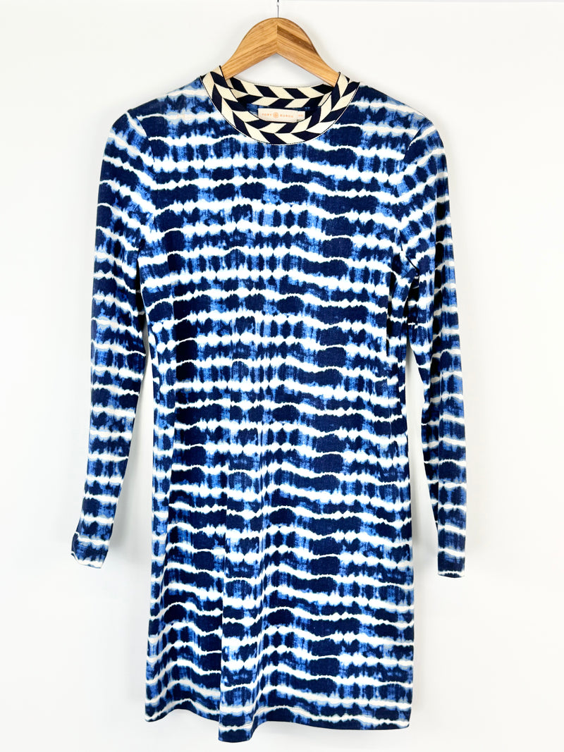 Tory Burch Blue & White 'Hollie' Long Sleeve Shift Dress - AU10/12