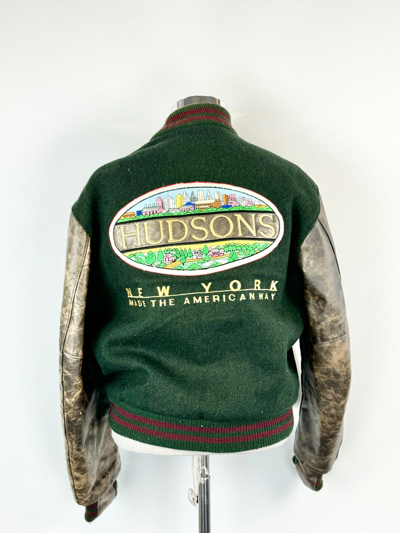 Vintage 80s Hudson Green & Brown Wool & Leather Bomber Jacket - L