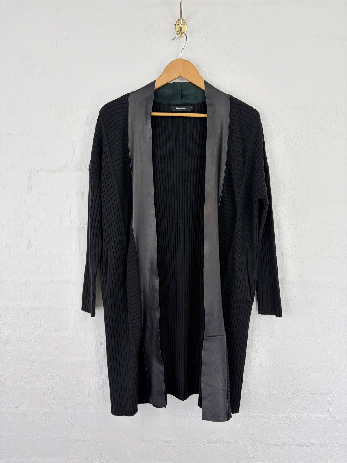 Raw by Raw Black Rib Knit Leather Trim Waterfall Cardigan - AU10/12