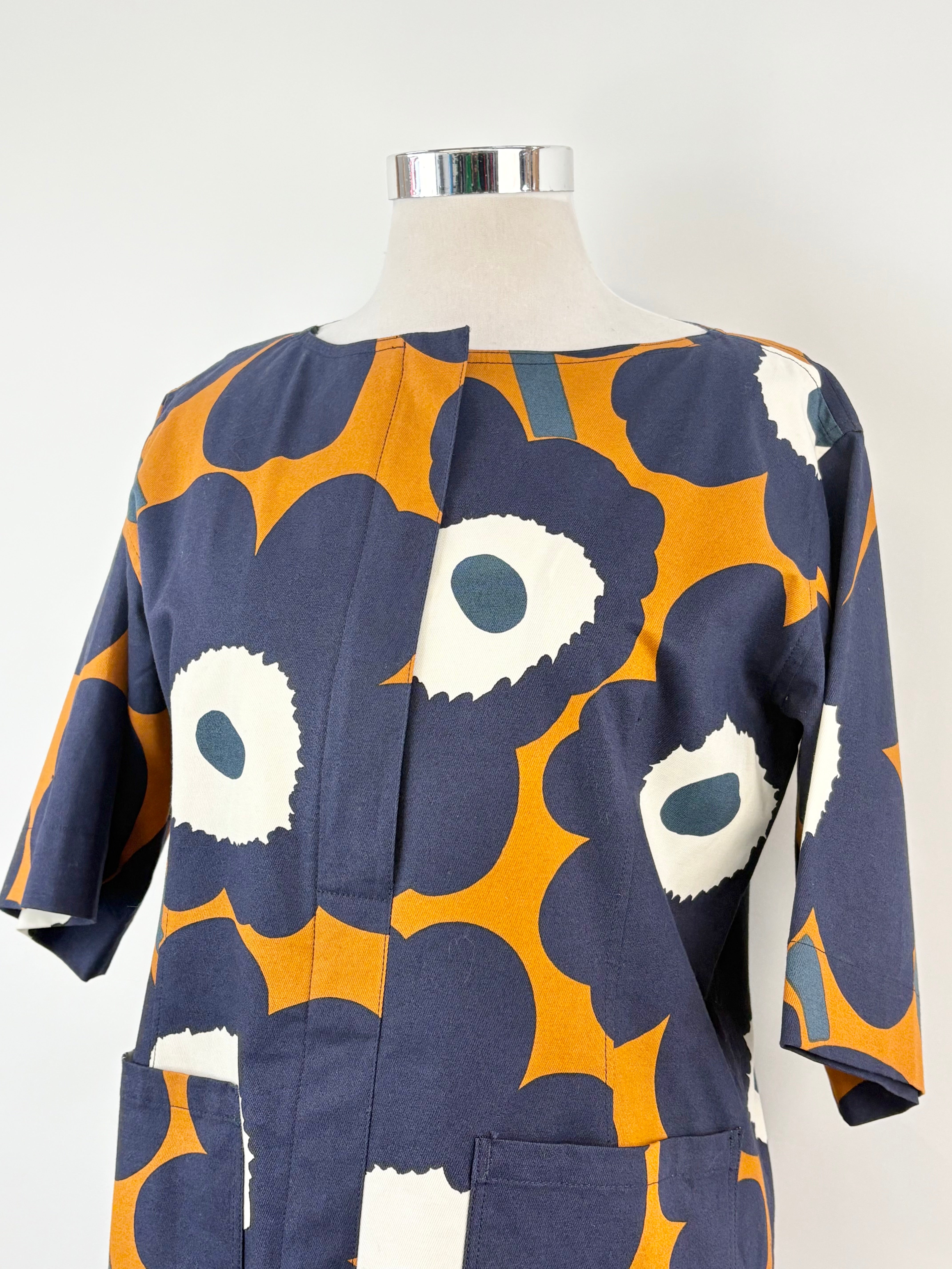 Marimekko Blue & Deep Orange 'Tahtimo' Unikko Maxi Dress - L