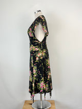 Vintage 90s Studibaker Black Floral Ruched & Pleated Midi Dress - AU10/12