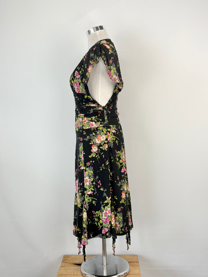 Vintage 90s Studibaker Black Floral Ruched & Pleated Midi Dress - AU10/12