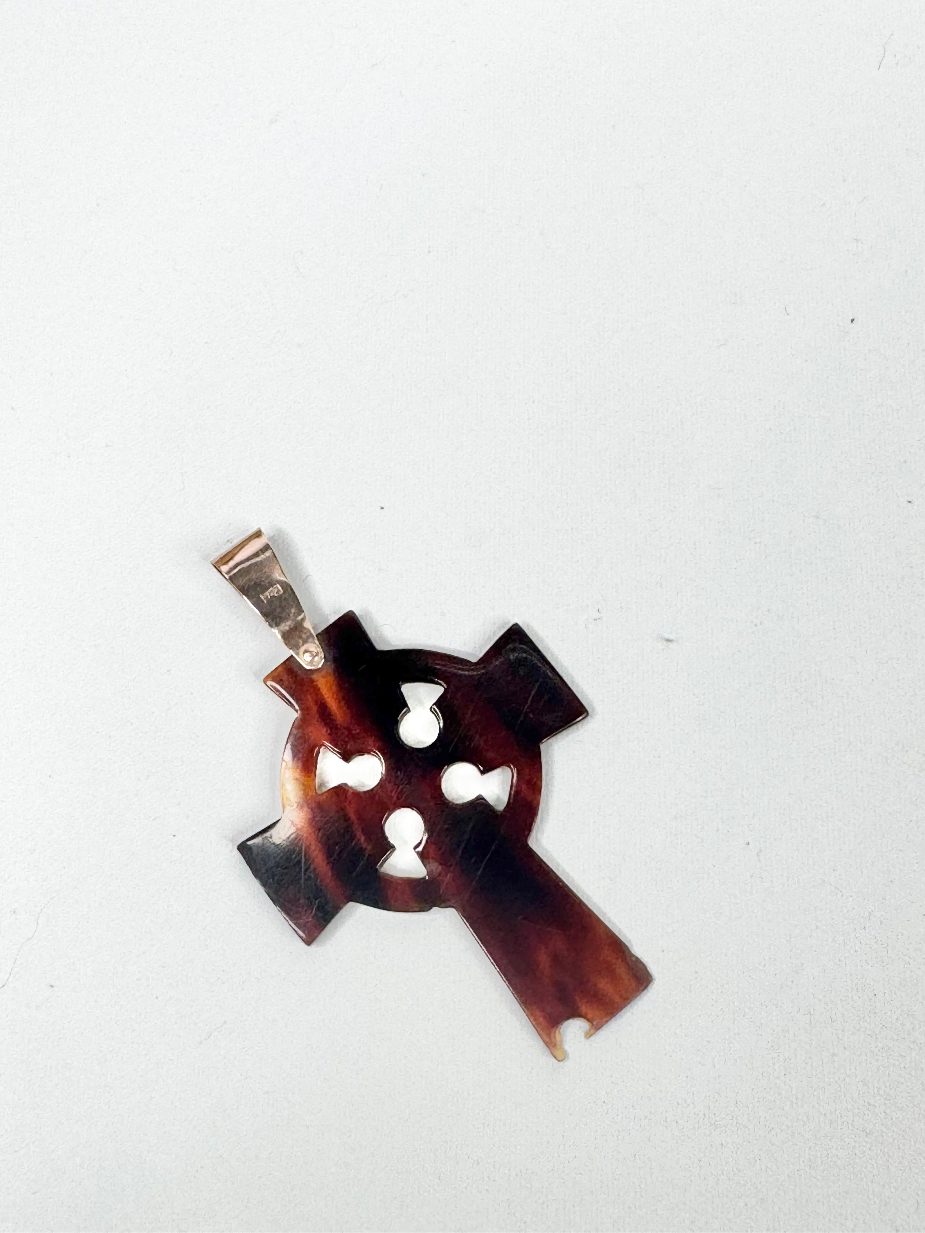 Vintage 9ct Gold Clasp Plastic Tortoiseshell Cross Pendant