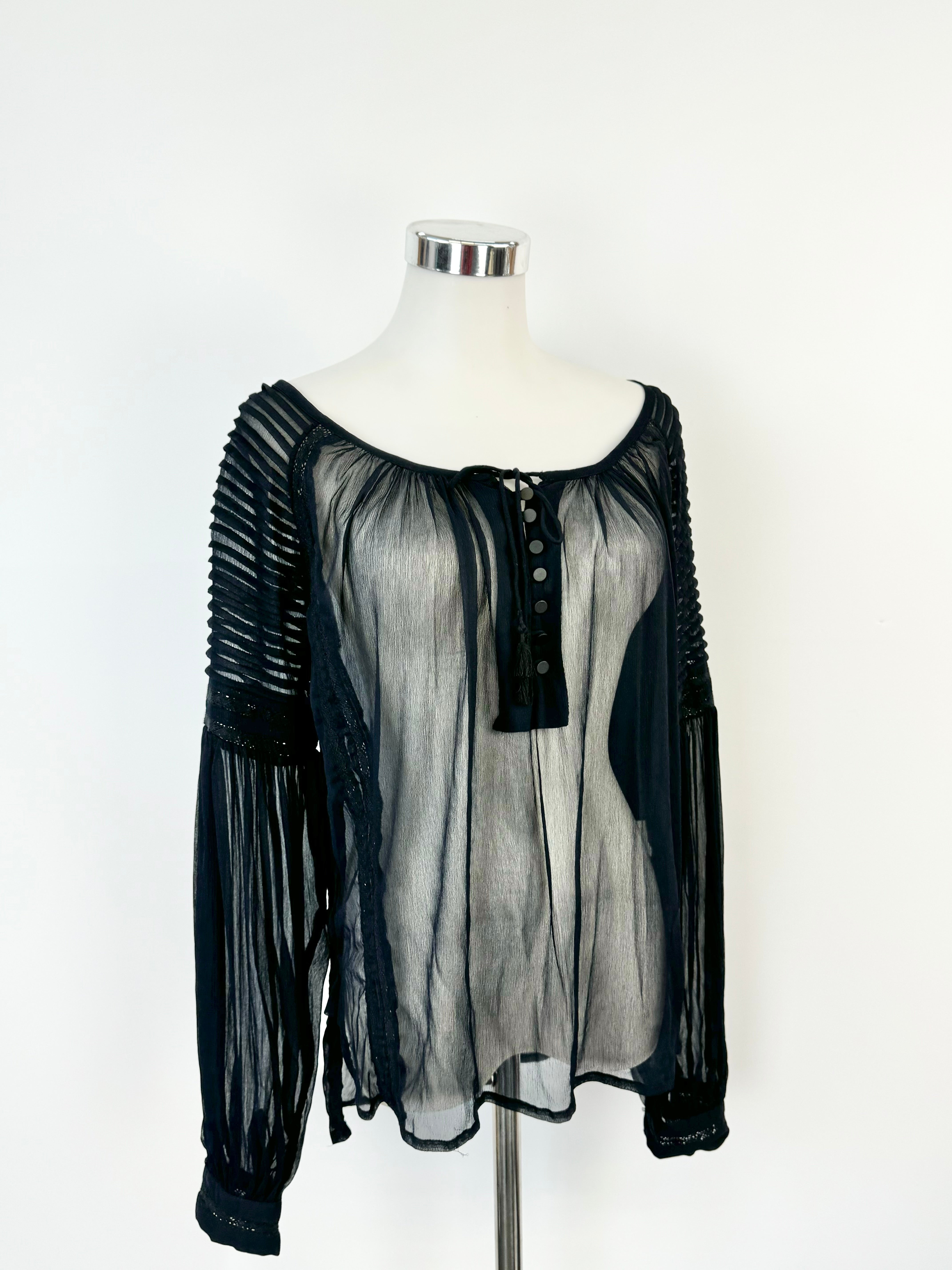 Aje Sheer Dark Navy Peasant Style Blouse - AU6