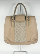 Oroton Beige Leather & Monogrammed Panel Handbag