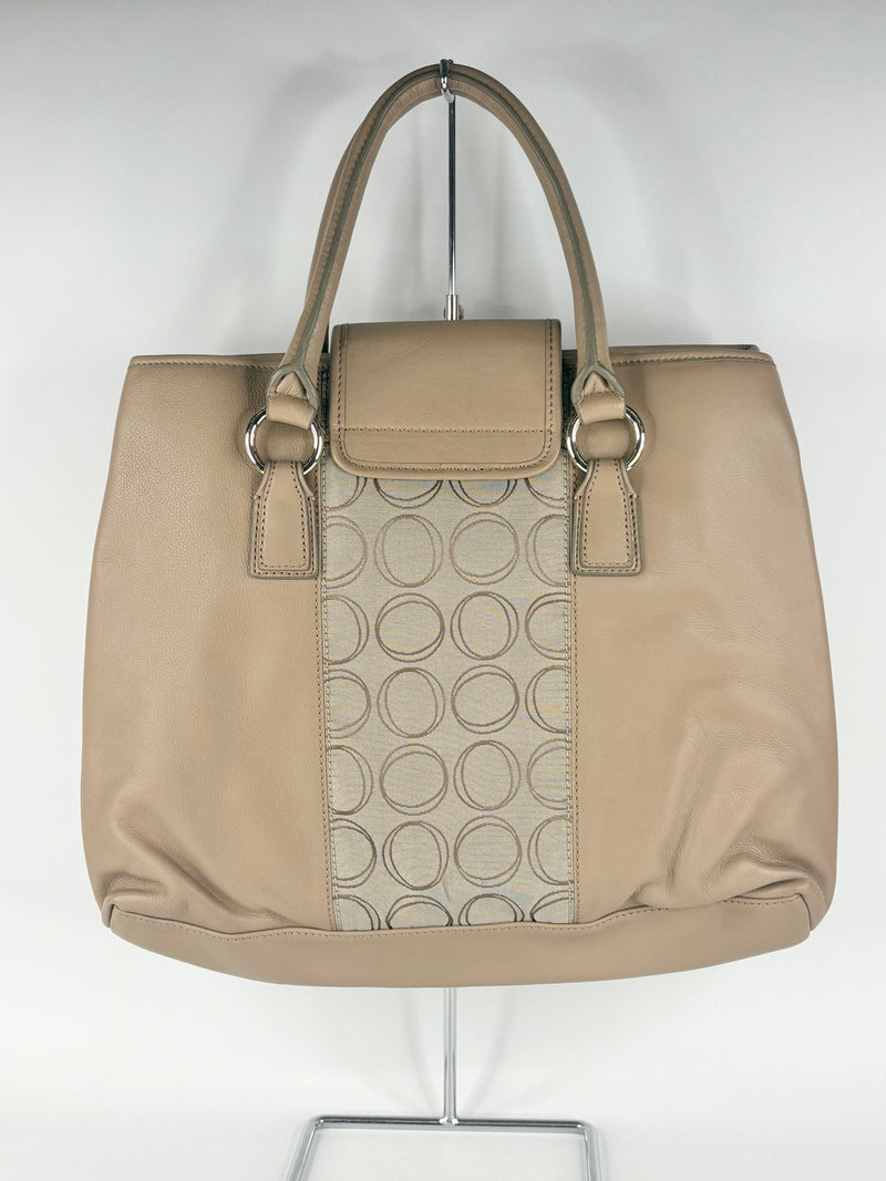 Oroton Beige Leather & Monogrammed Panel Handbag