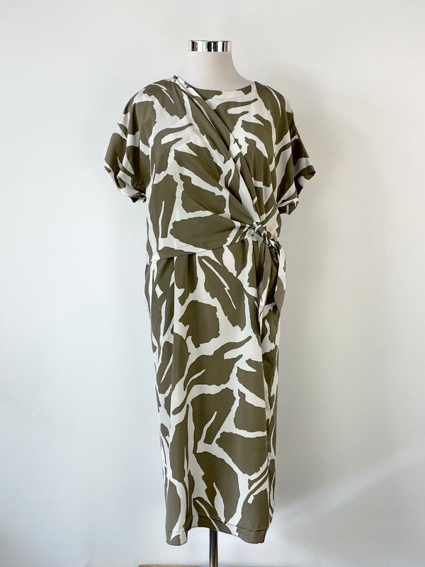 Carla Zampatti White & Taupe Camo Pattern Tie Dress - AU14