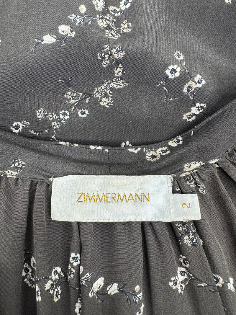 Zimmermann Charcoal Grey Blossom Patterned Pussy Bow Blouse - AU10