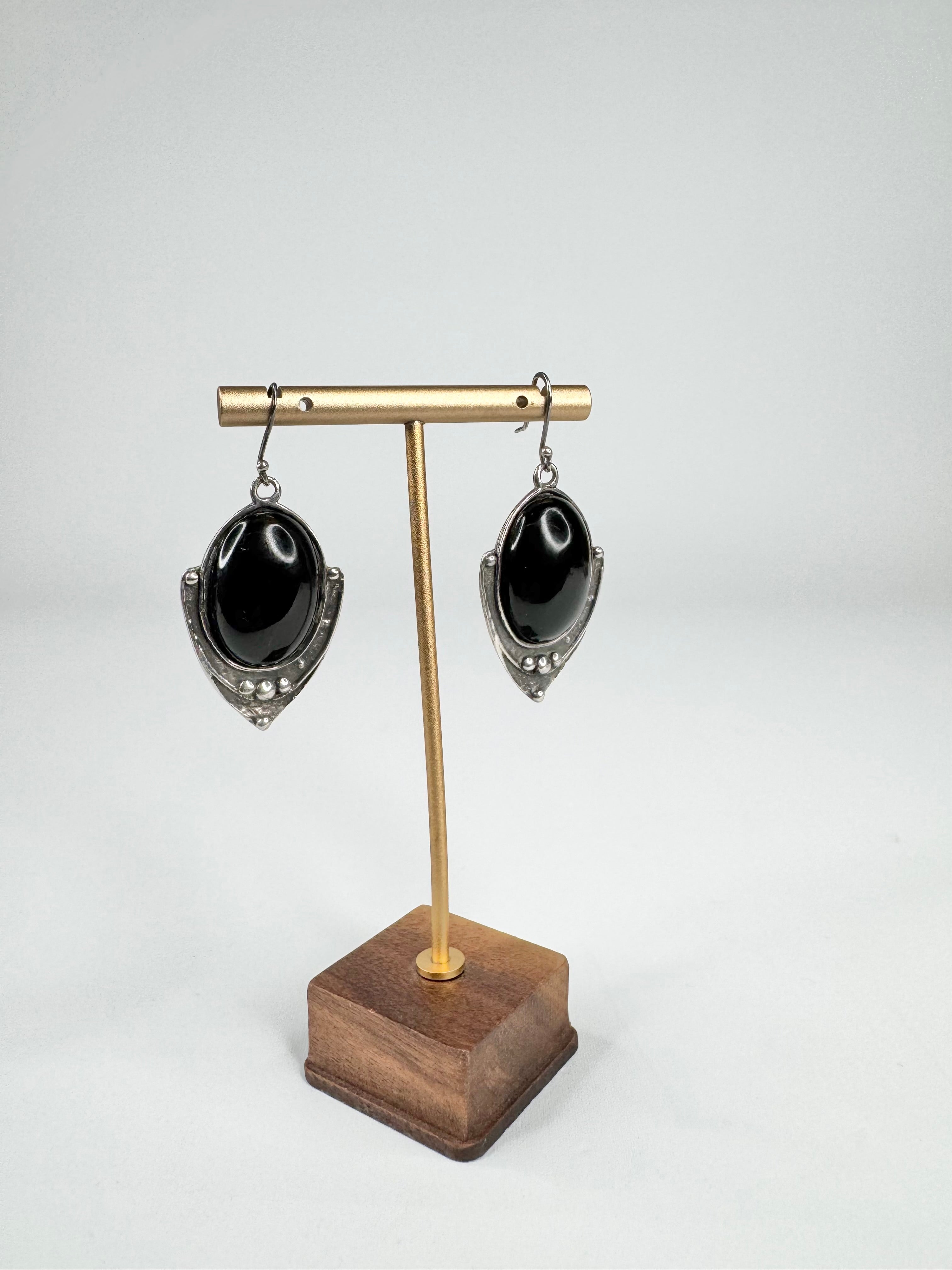Silver Modernist Black Cabochon Drop Earrings