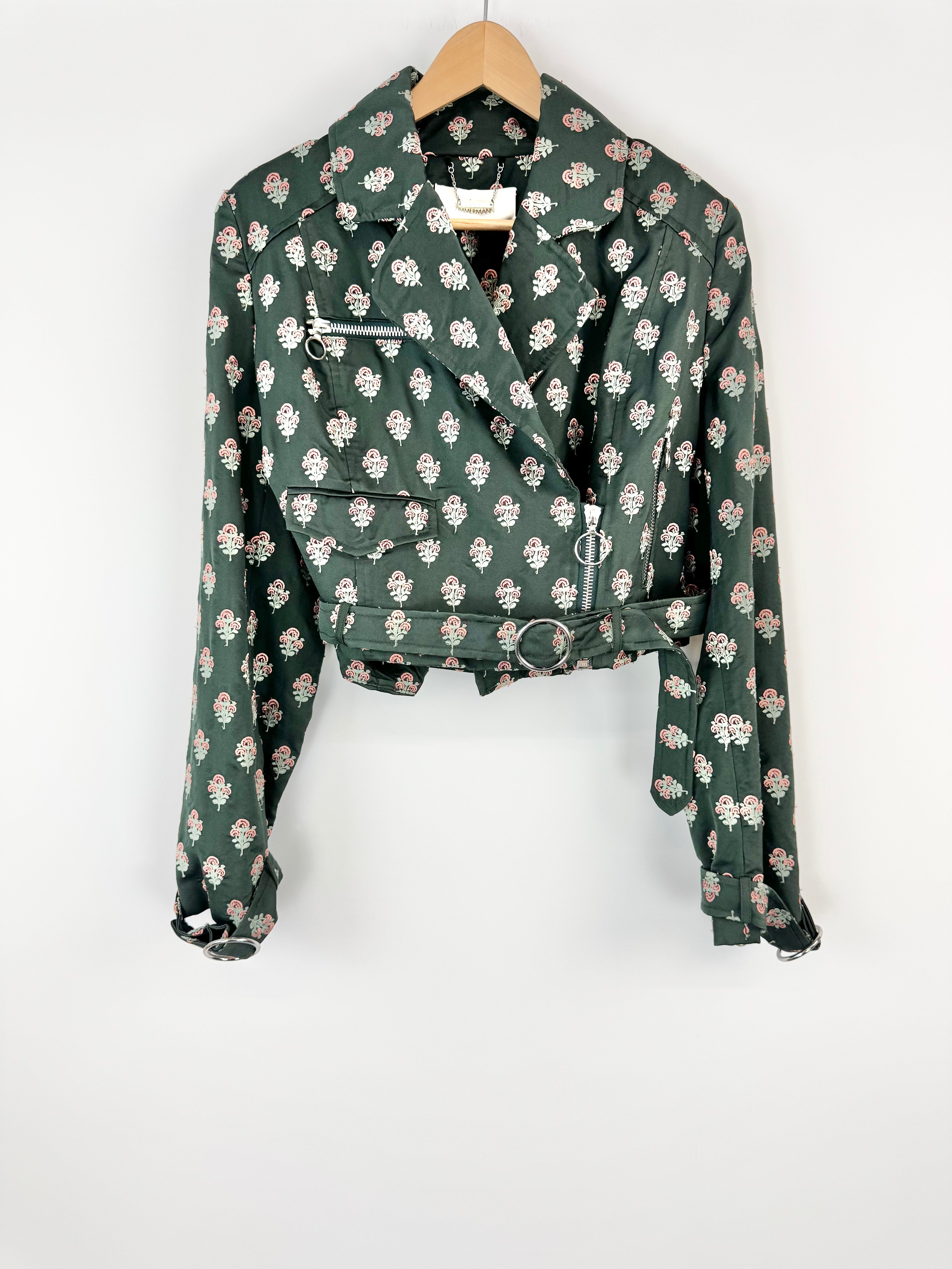 Zimmerman Green Embroidered Cropped Biker Style Jacket - AU12