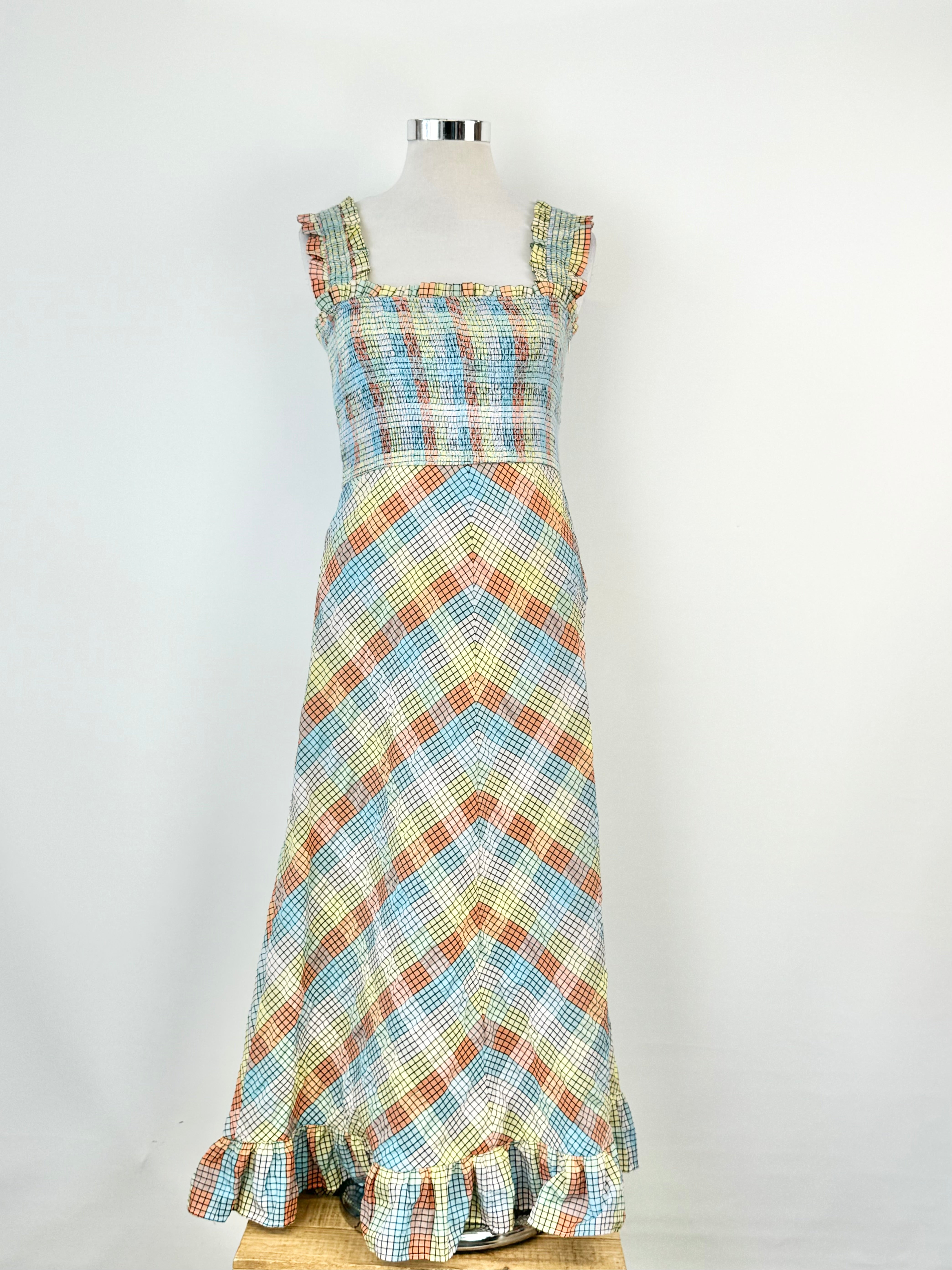 Ganni Pastel Plaid Seersucker Maxi Dress - AU12
