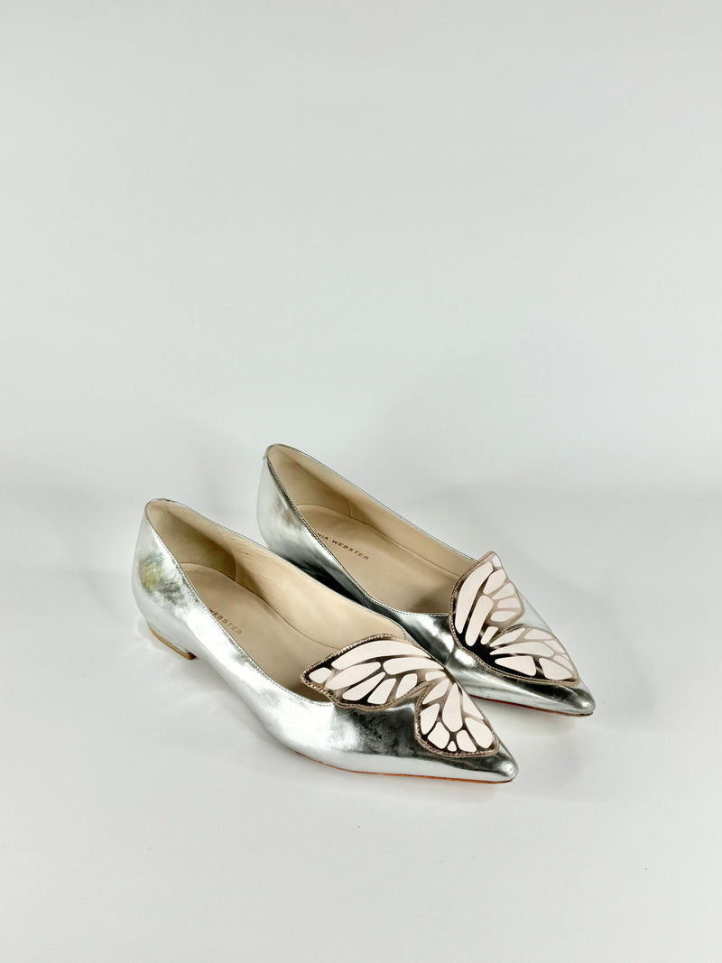 Sophia Webster Silver Butterfly Motif Pointed Toe Flats - EU37