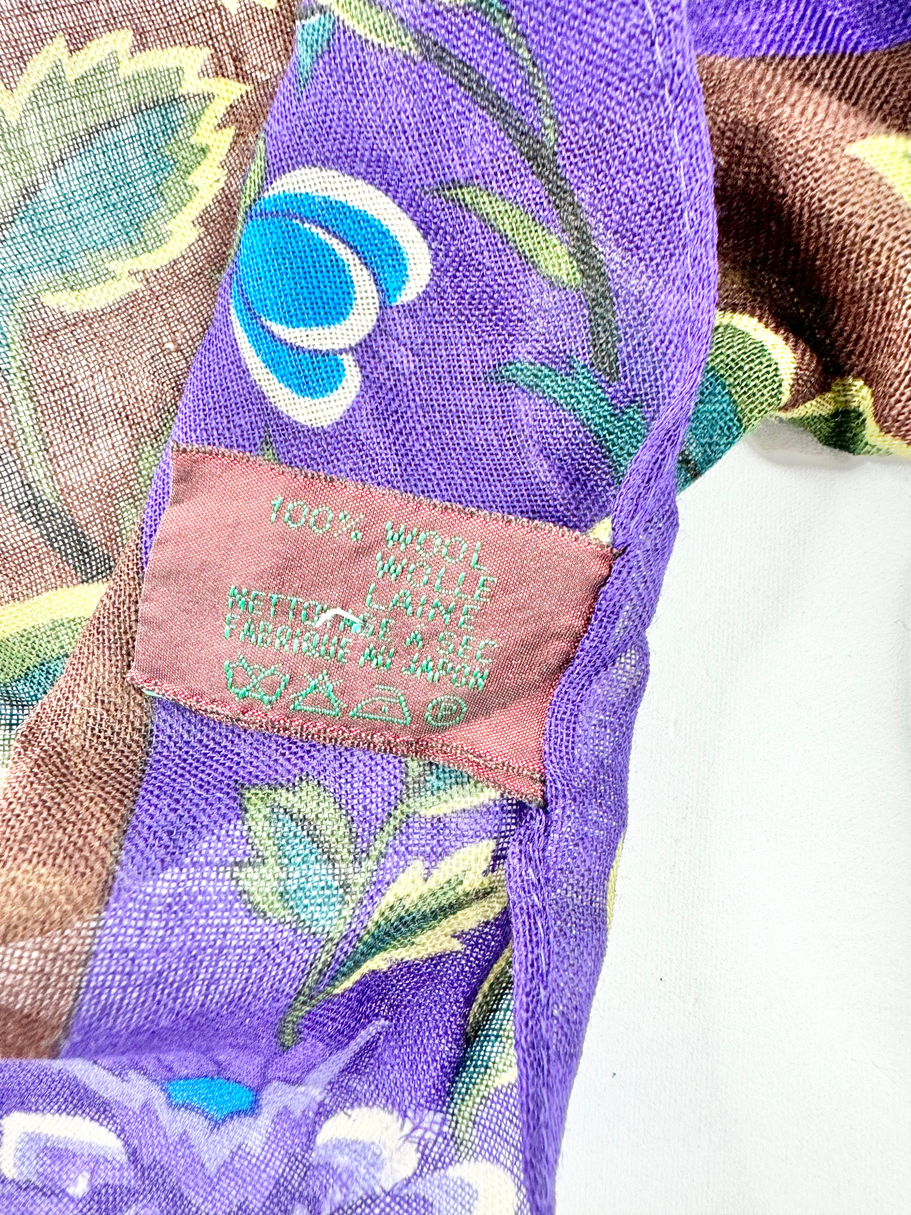 Vintage Kenzo Purple & Brown Retro Floral Pattern Scarf