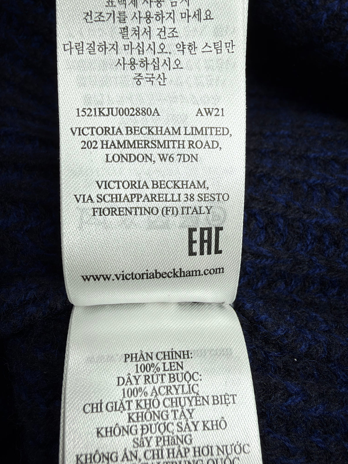 Victoria Beckham Autumn Winter 21 Blue Structured Lambswool Tie Crewneck NWT - AU8/10