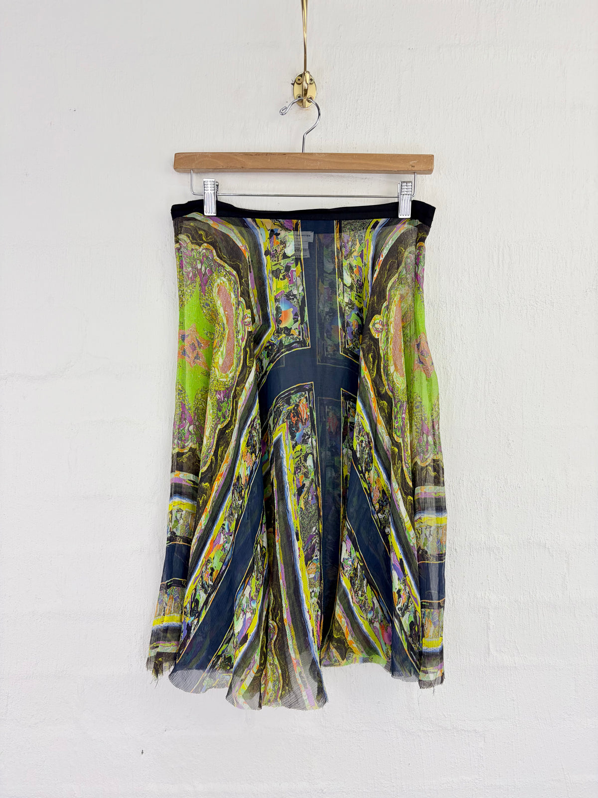 Dries Van Noten Sheer Green & Black Patterned Asymmetrical Silk Skirt - AU10/12