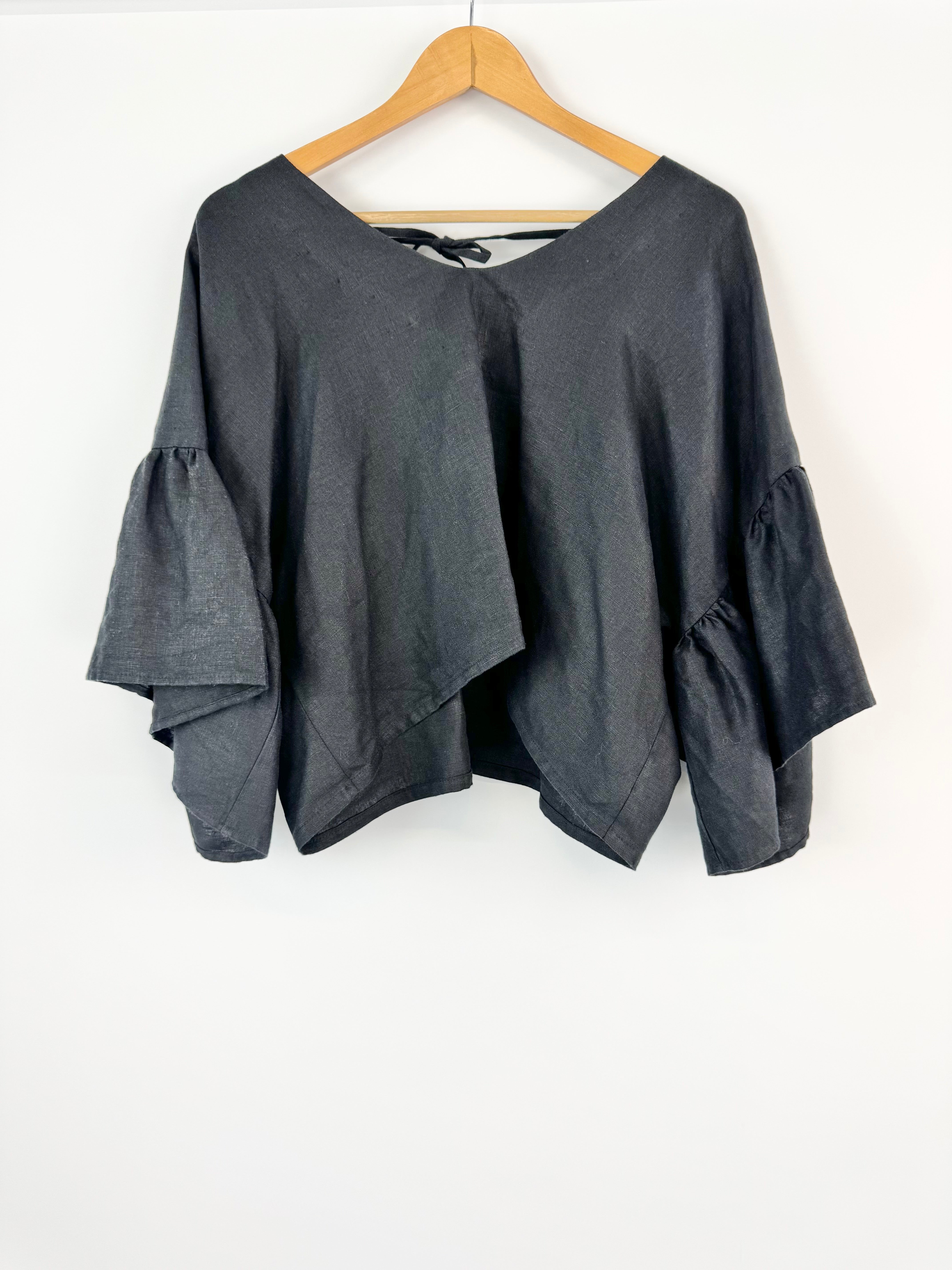 MFW Hunter Black Linen Relaxed Puff Sleeve Top - AU10/12