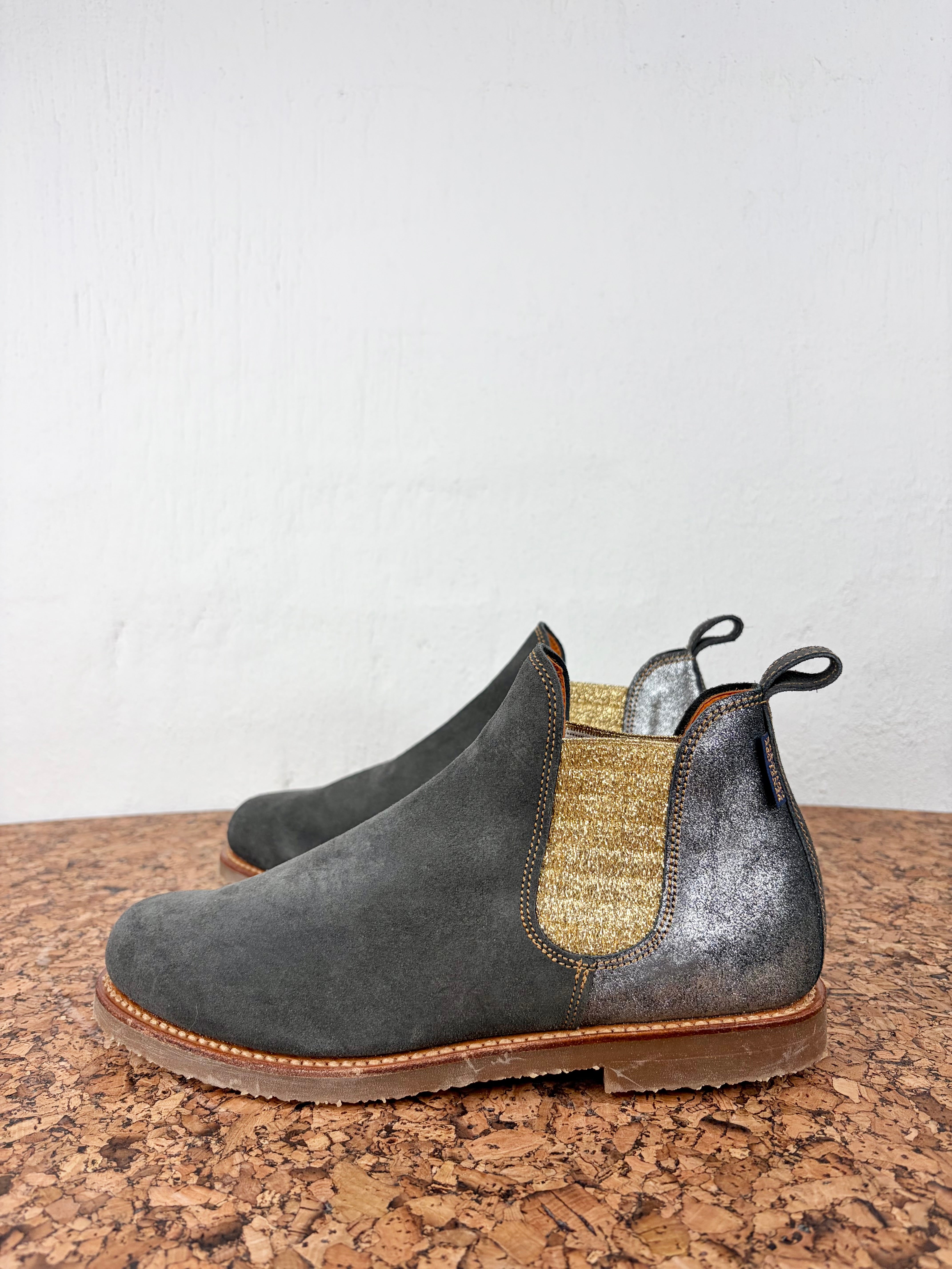 Penelope Chilvers Ash Grey, Metallic Gold & Silver Suede Ankle Boots - EU40