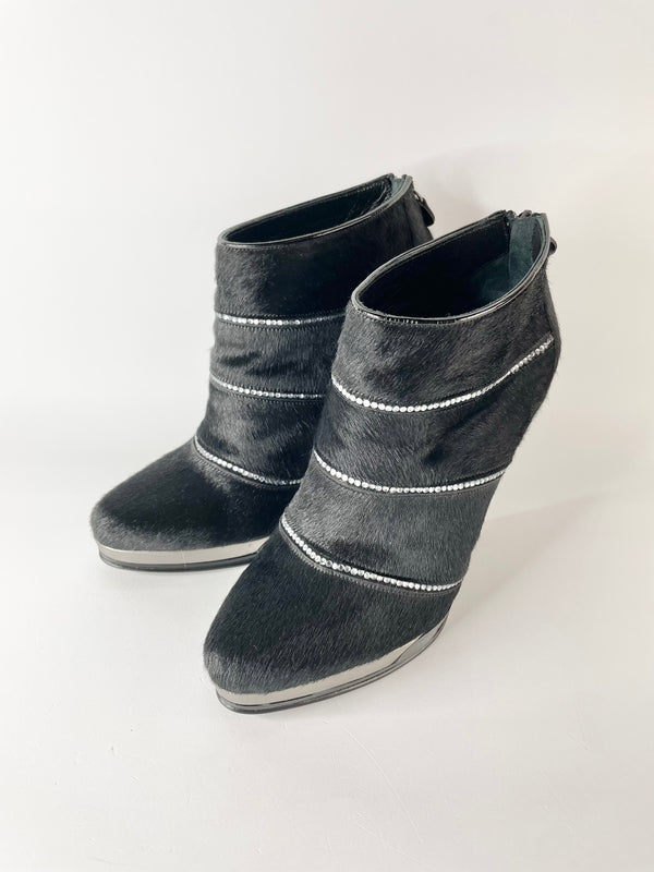 Fiorina Ponyhair Black Bejeweled Ankle Pumps - EU39