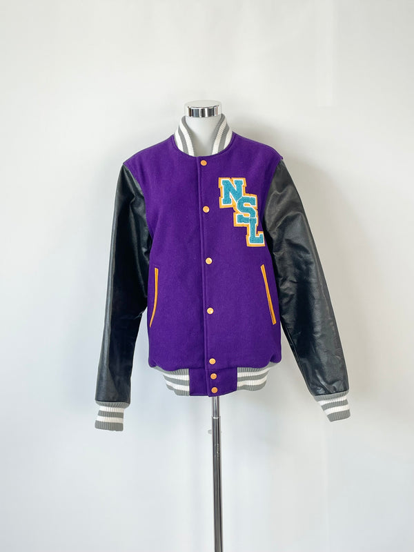 Purple & Black Wool-Leather Blend Varsity Jacket - S