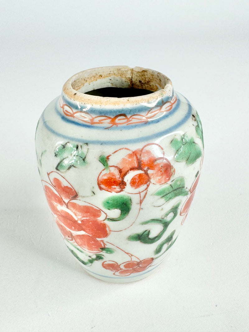 Antique Red & Green Hand Painted Floral Vase