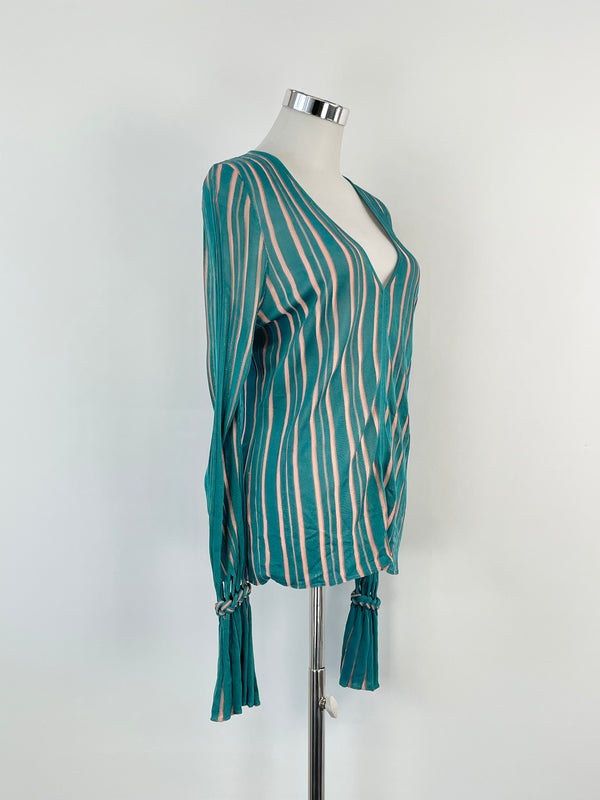 Diane von Furstenberg Teal & Salmon Striped Sheer Top - AU10