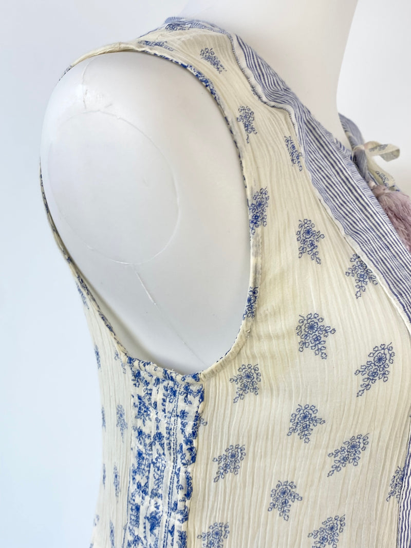Sea Blue & Cream Silk & Cotton Floaty Sleeveless Dress - AU6/8