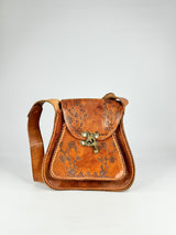 Hand Made Tan Cherry Blossom Stamped Leather Cross Body Bag