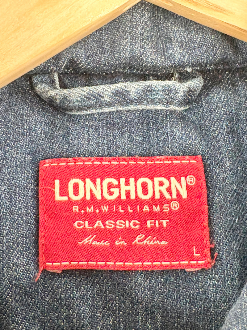 R.M. Williams Beige & Indigo Denim Padded 'Longhorn' Vest - L