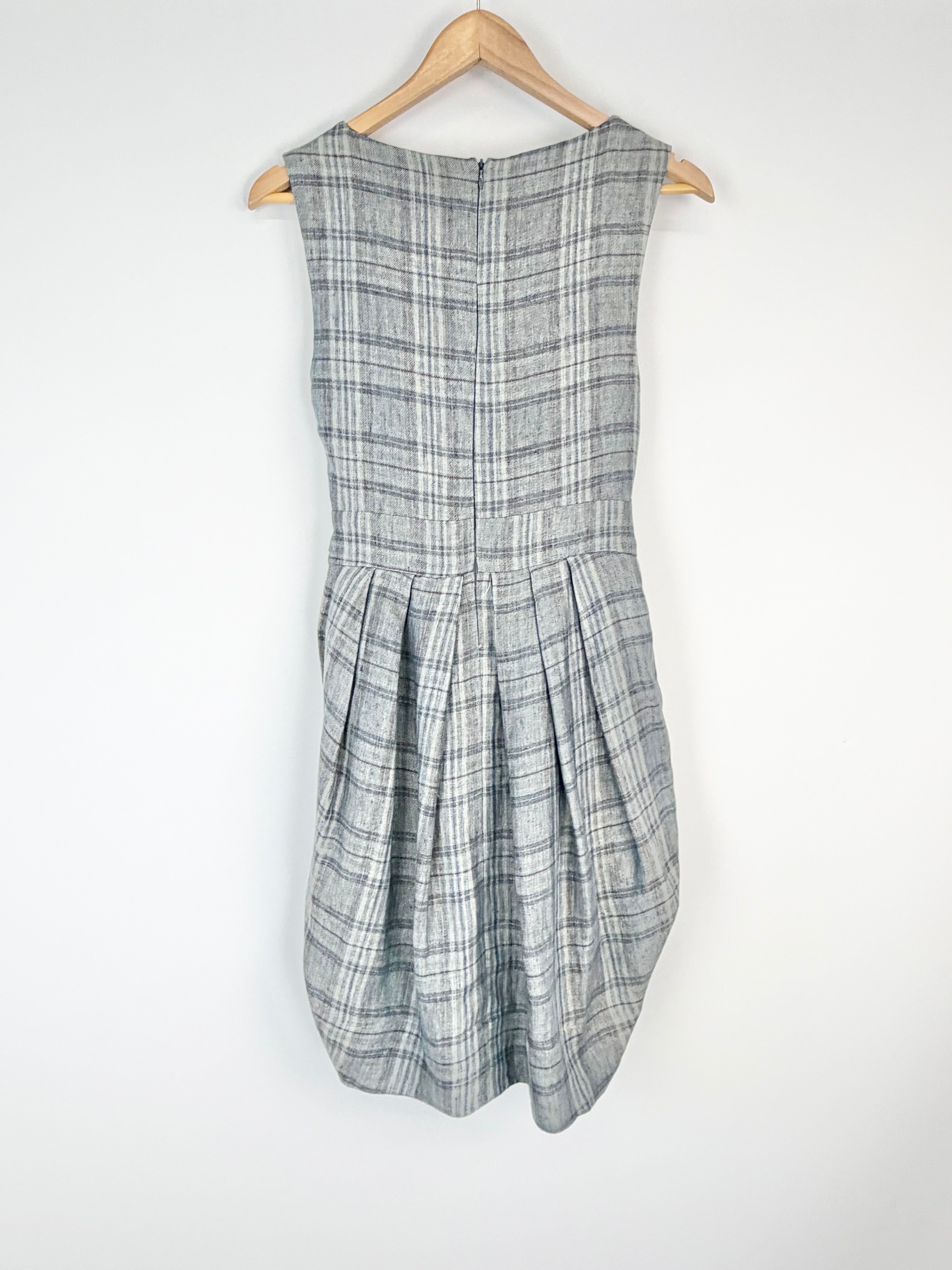 Nevenka Grey & Blue Linen & Cotton Plaid Midi Dress - AU12