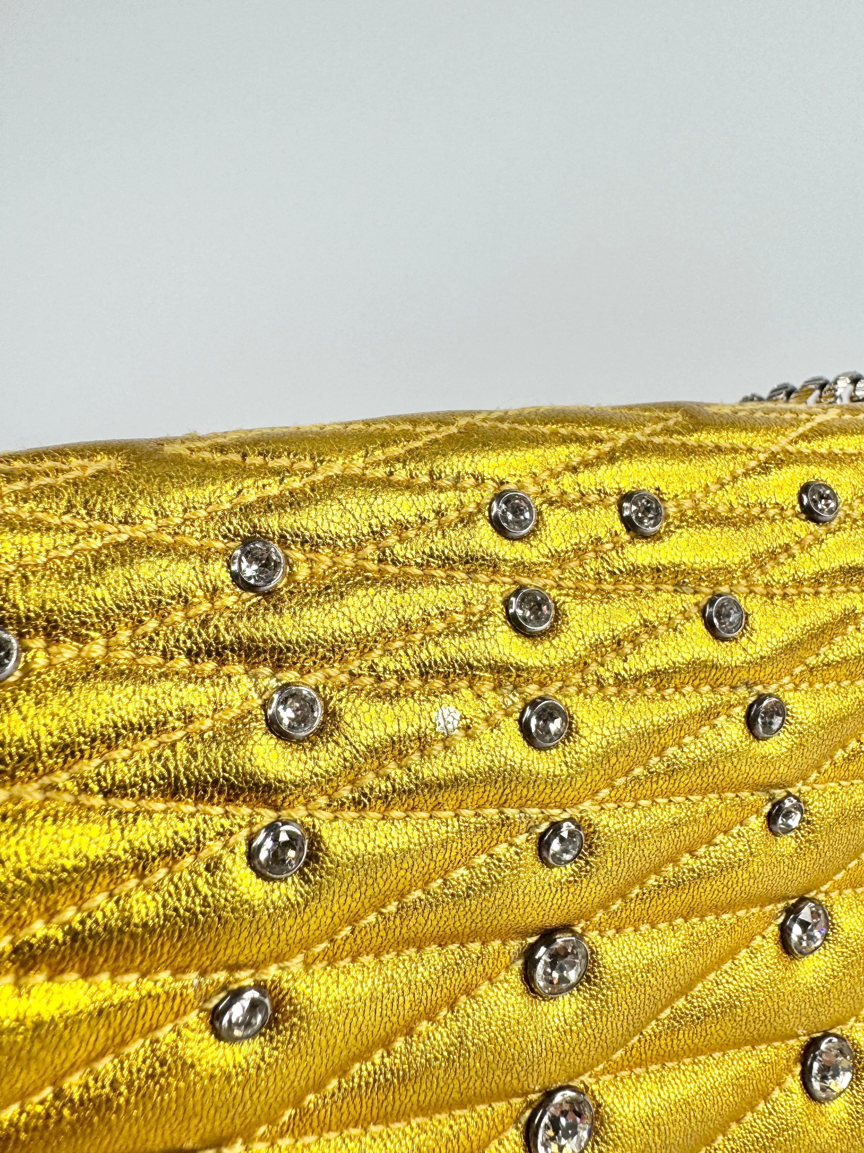Bally Metallic Gold Crystal Studded Leather Shoulder Bag
