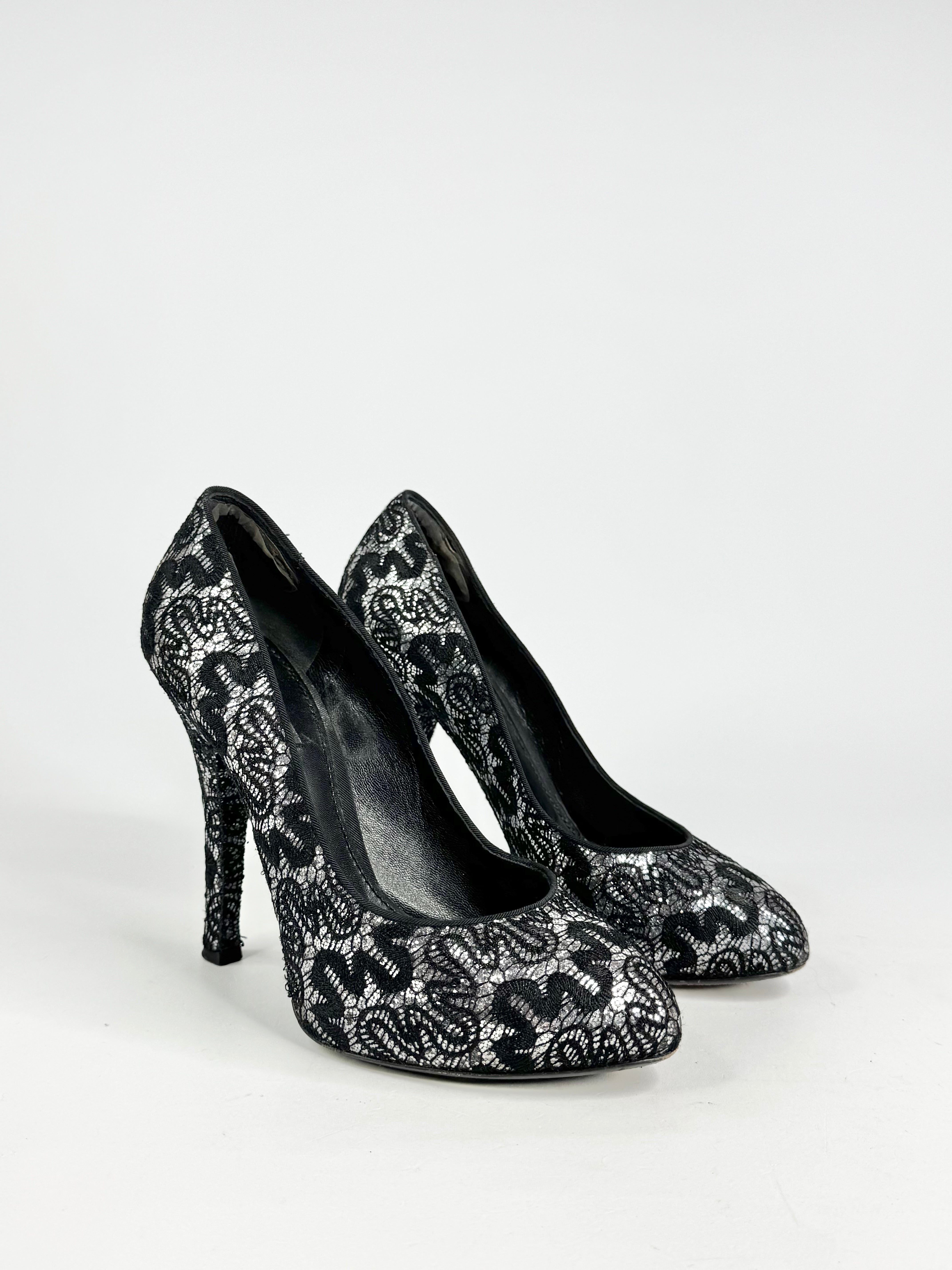 Dolce & Gabbana Silver & Black Squiggle Lace Patterned Stilettos - EU37