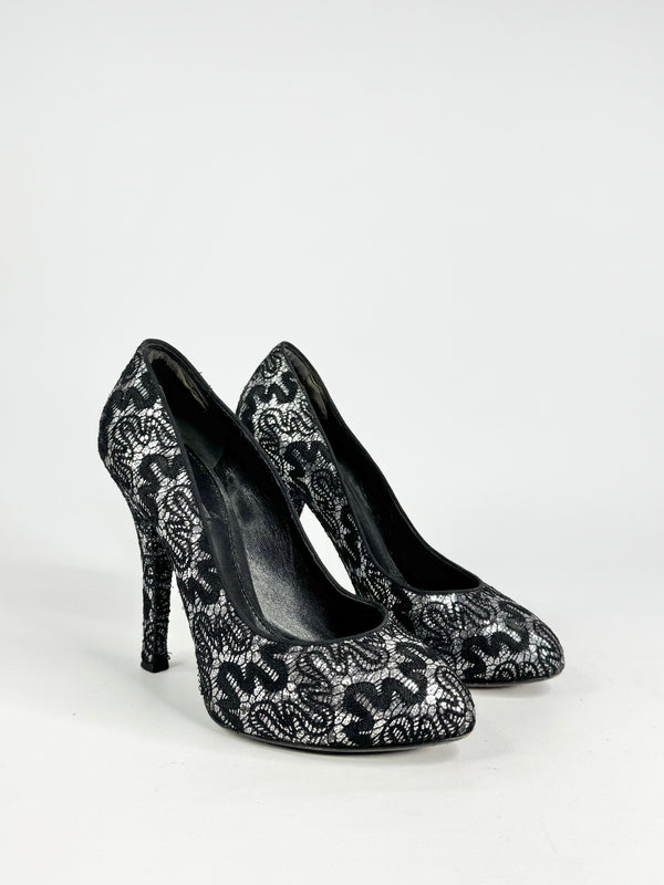 Dolce & Gabbana Silver & Black Squiggle Lace Patterned Stilettos - EU37