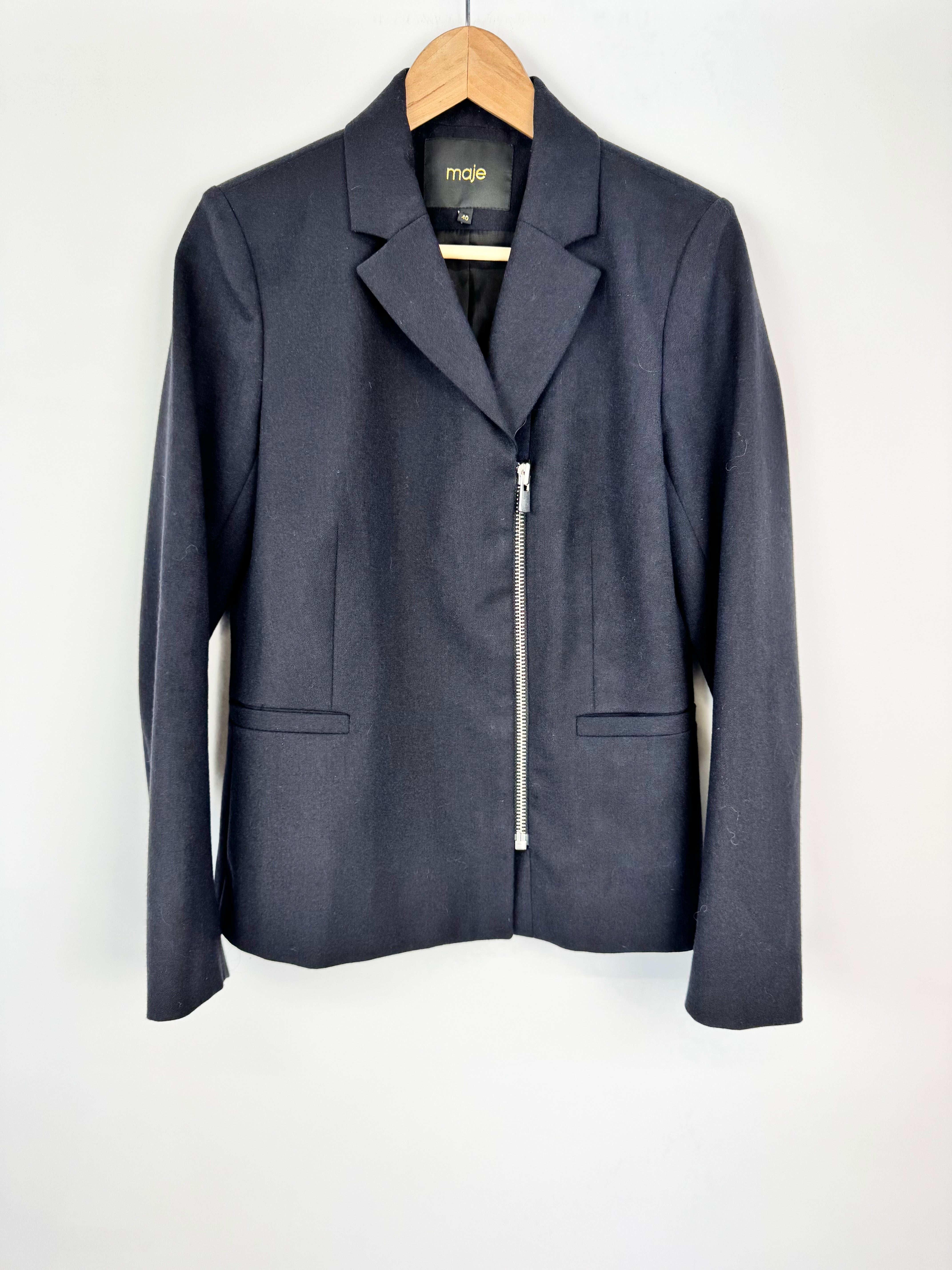 Maje Dark Navy Wool Blend Asymmetrical Blend Jacket - AU10/12