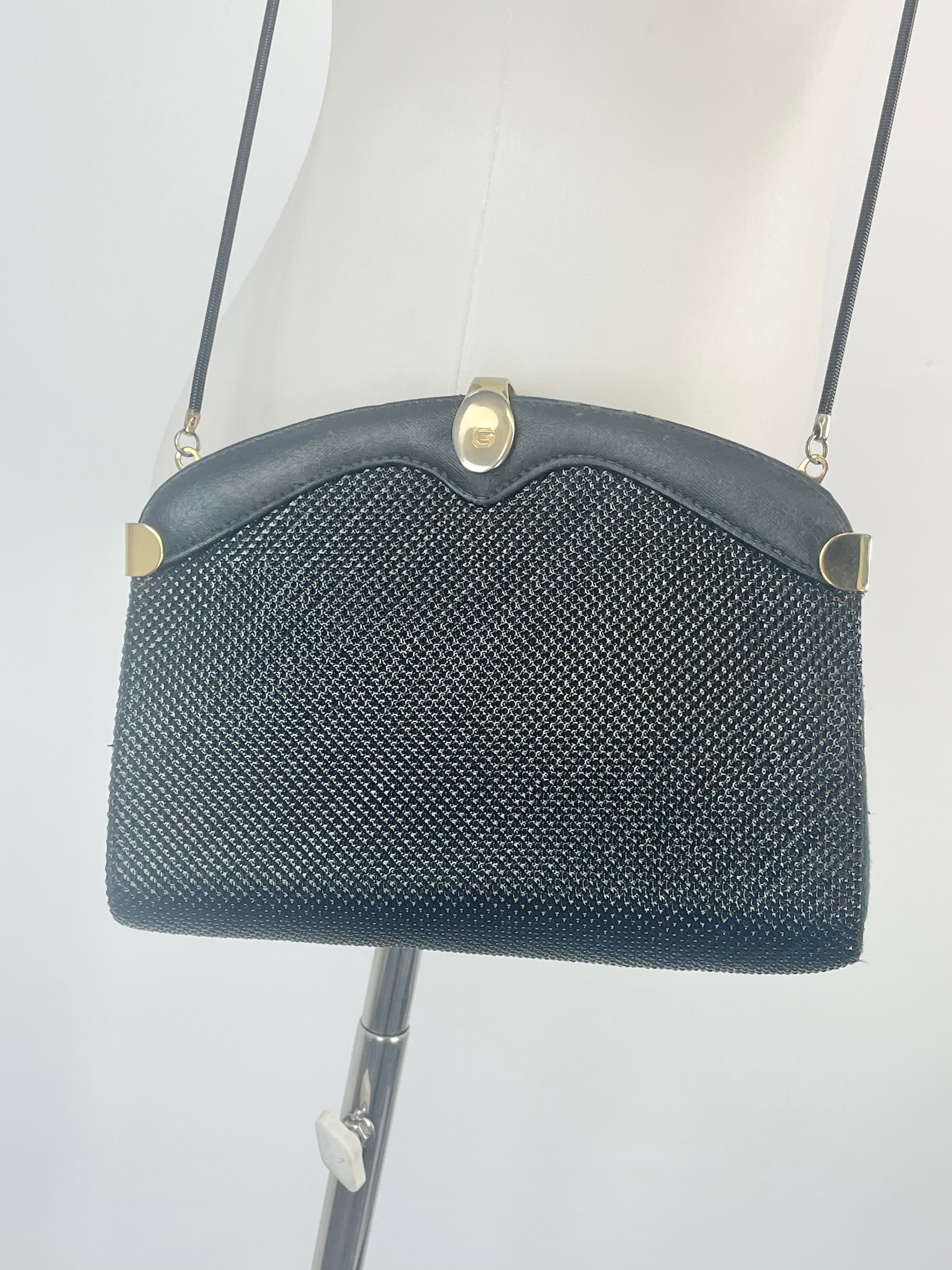 Vintage Glomesh Black Leather Contrast Evening Bag