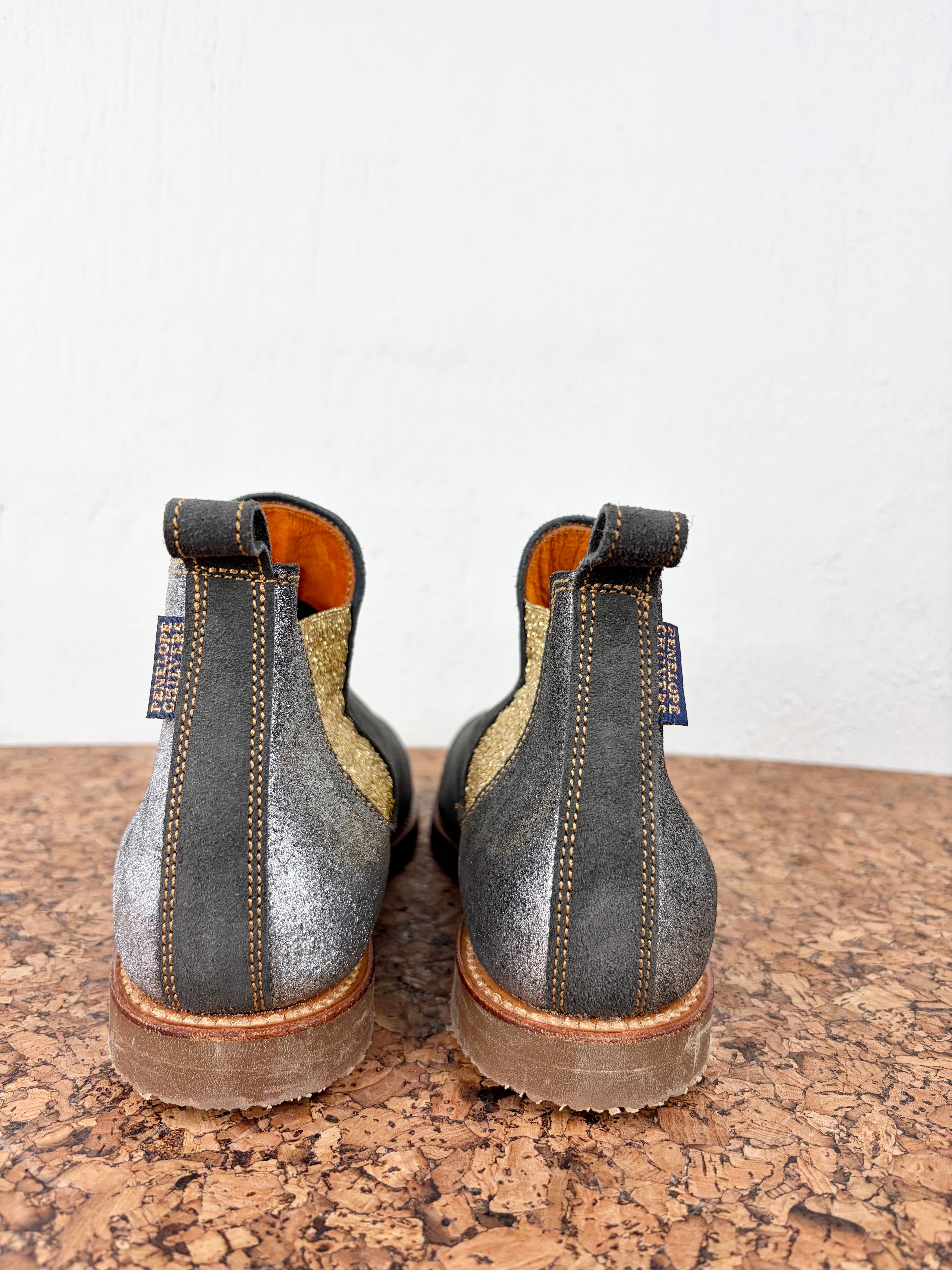 Penelope Chilvers Ash Grey, Metallic Gold & Silver Suede Ankle Boots - EU40