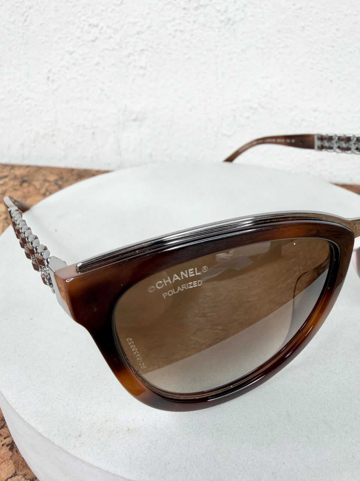Chanel Brown Chain & Leather Link Cat Eye Sunglasses