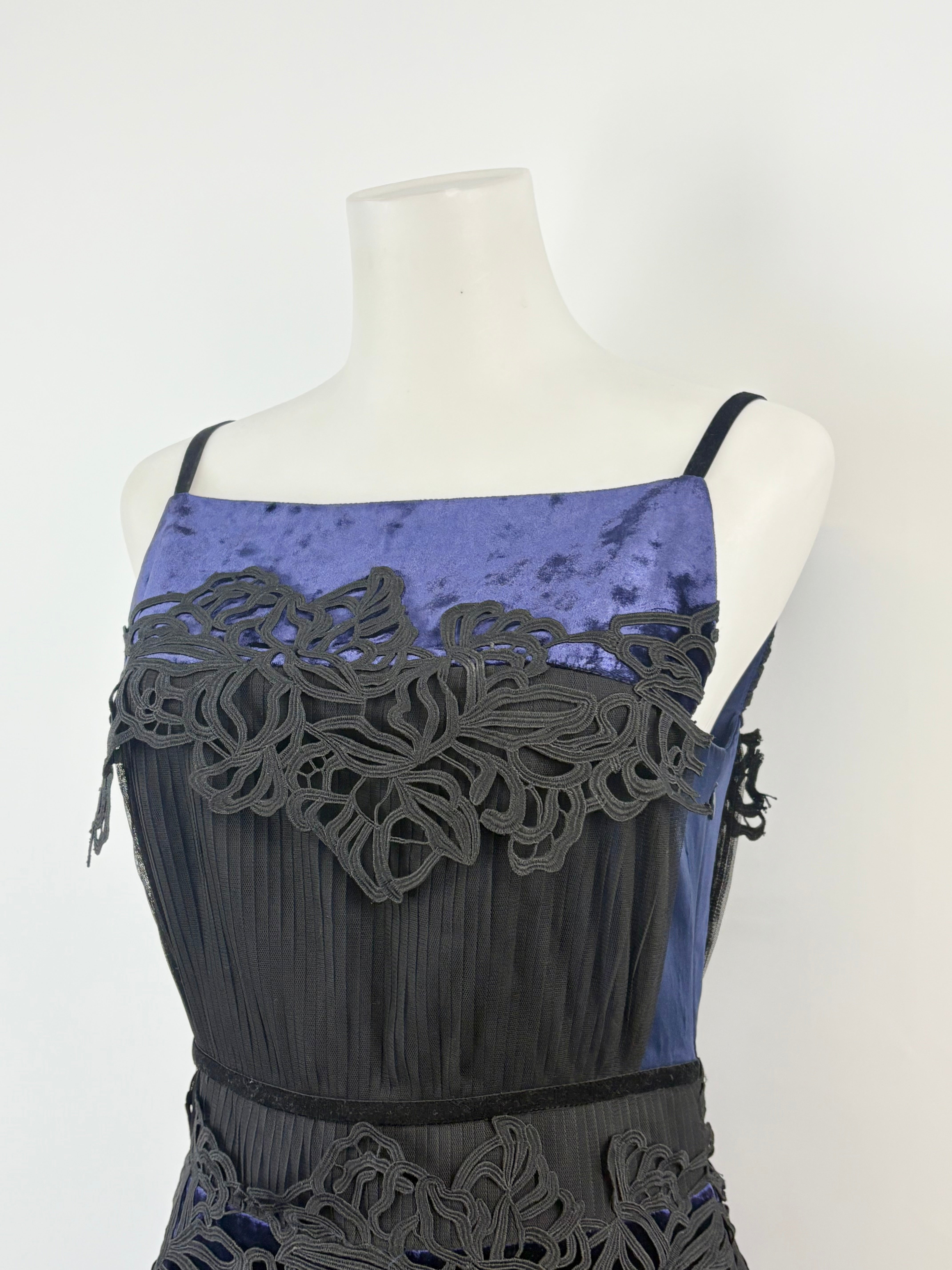 Three Floor Twilight Blue & Embroidered Floral Black Tiered Evening Dress - AU8