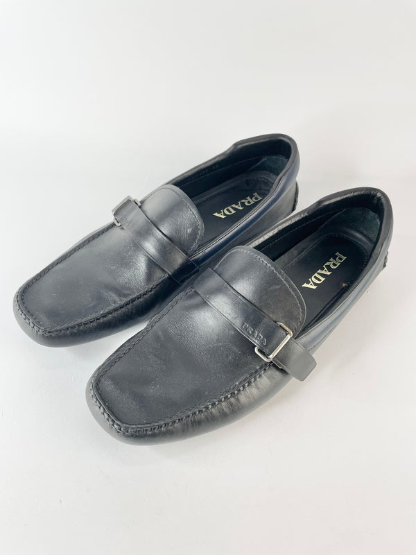 Prada Black & Navy Blue Leather Business Loafers - US10