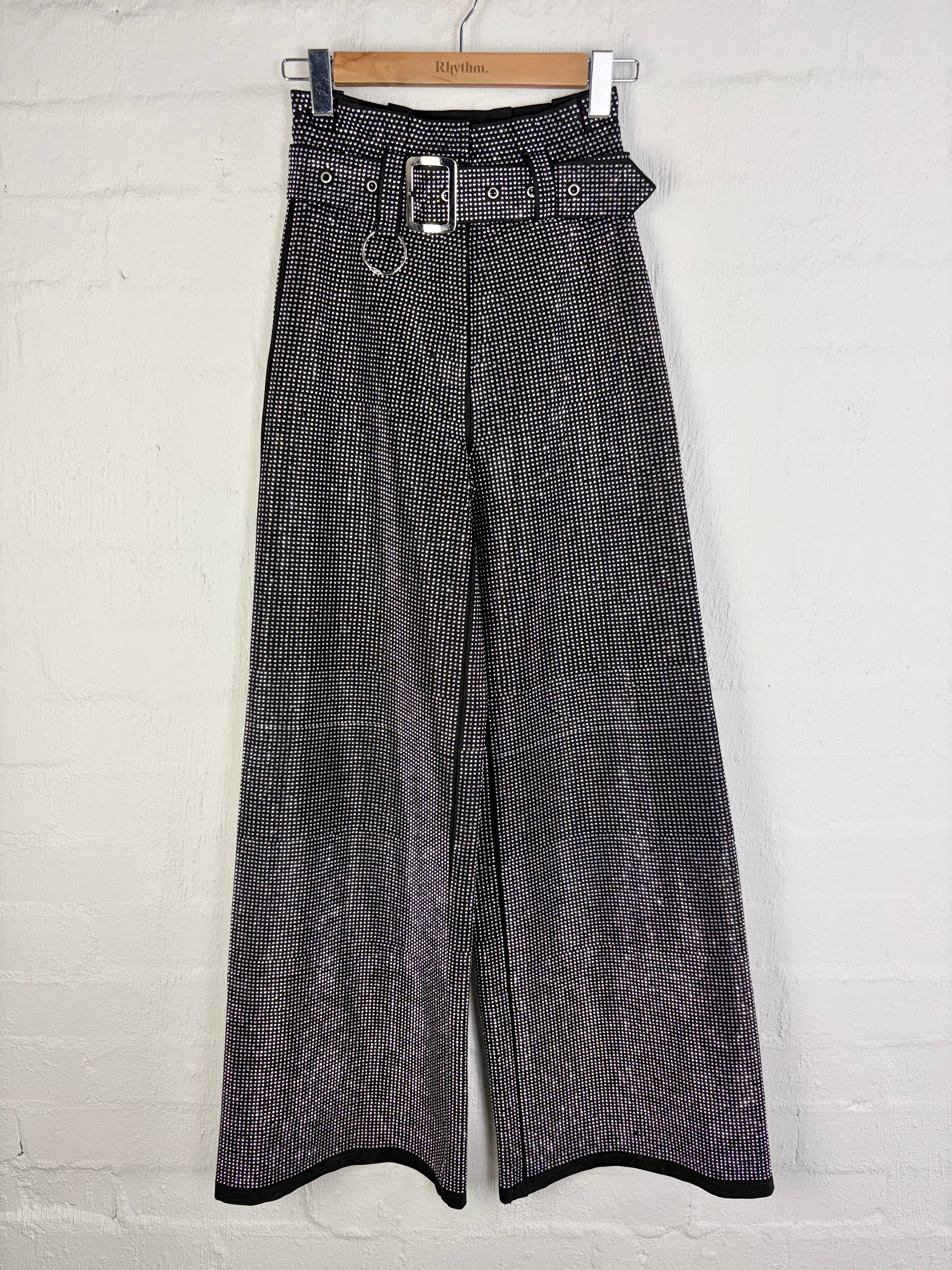 I.AM.GIA Black Rhinestone Embellished High Waisted Belted Slacks - AU6